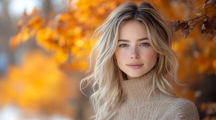 Naklejka premium Beautiful Blonde Woman Autumn Fashion Portrait Golden Leaves hair girl fall model style image light 