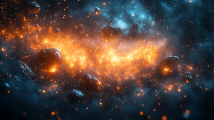 Fototapeta premium Fiery Cosmic Collision Asteroid Field Nebula Space Rocks Orange Blue Art Dust Fire Dark Stars Night 
