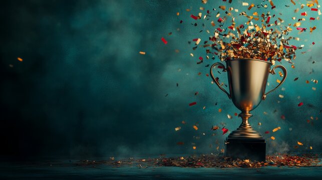 Top Performance Award. Gold star on a blue background as a reward. Winners Cup. Winner certificate. First place in a computer game. Achievements. Victory. Golden confetti. 3D rendering.