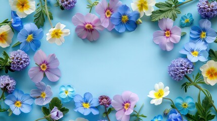 Vibrant floral arrangement featuring various blossoms on a light blue background, ideal for spring themes