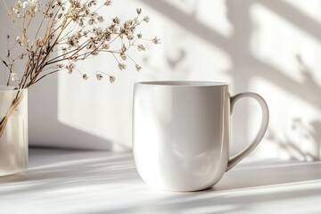 Empty White Mug with Dried Flowers, Perfect for Mockups
