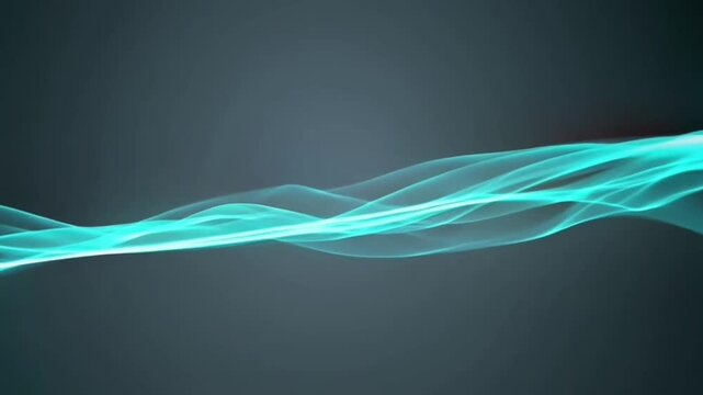 video illustration of an abstract background of turquoise glowing lines on a dark background, smoothly turning into abstract waves.