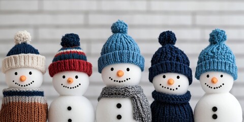 Five cheerful snowmen dressed in varying blue winter attire stand together, showcasing a playful and festive winter charm against a striped backdrop.
