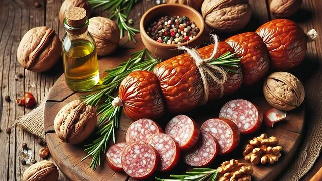 Saucisson with Walnuts, Rosemary, and Olive Oil on a Wooden Board