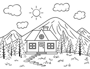 House in Mountain Landscape – Coloring Page for Kids