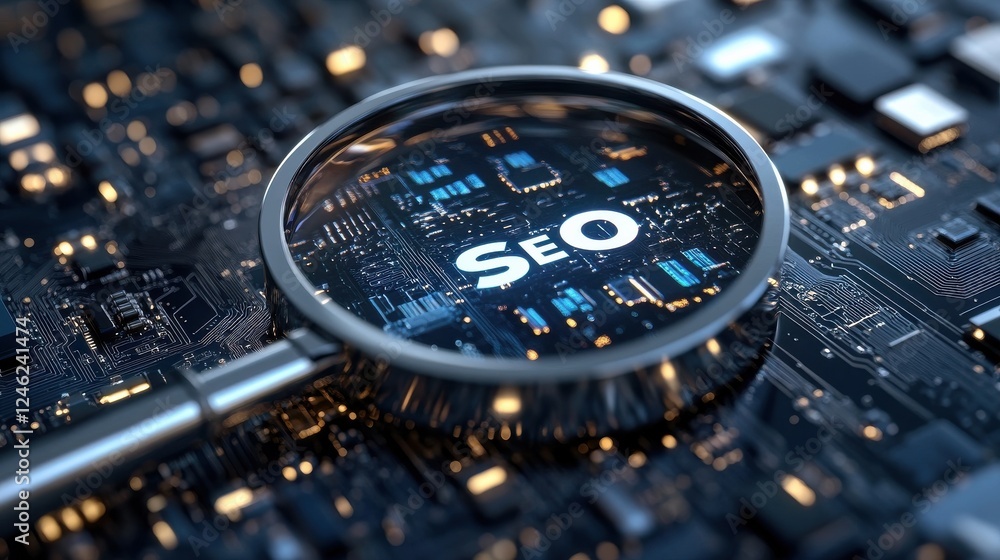 Poster magnifying glass focusing on seo text over circuit board representing digital marketing strategy and