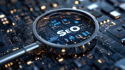 Magnifying glass focusing on SEO text over circuit board representing digital marketing strategy and search engine optimization