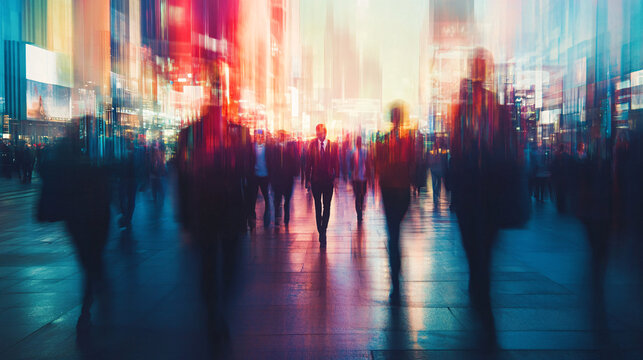 A futuristic city street with a fast-moving blurred crowd walking under neon lights creating a dreamlike and energetic atmosphere  
