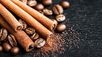 Aromatic cinnamon sticks and coffee beans on dark background; food photography for recipe blogs