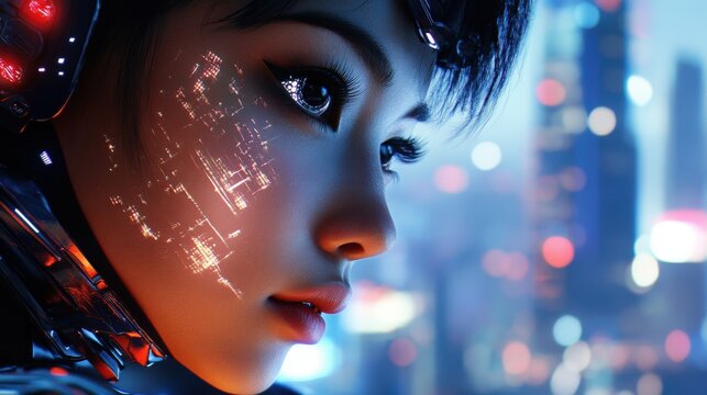 A young cyborg woman with robotic eyes and metallic implants on her neck, gazing at a glowing digital map of the city skyline