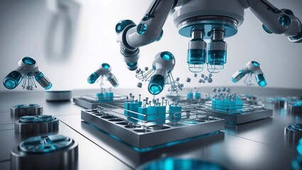 Medical nanobots assembling microscopic structures in scientific abstract concept. Microlevel ai bots in motion