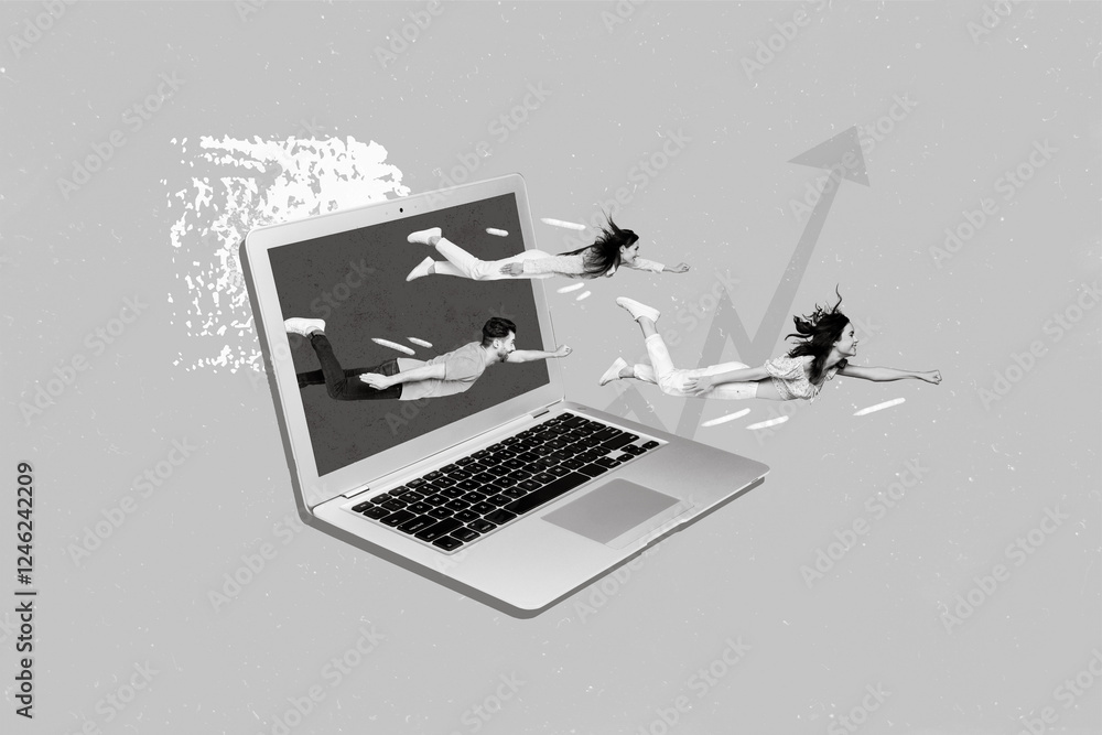 Poster Creative abstract template graphics collage image of modern device flying purposeful workers isolated drawing background
