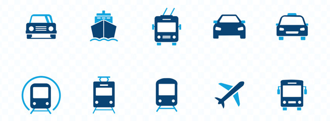 Transport icons set. Car, bus, train, ship, plane, taxi, subway, tram and trolleybus. Public, travel and delivery transport icons. Vector