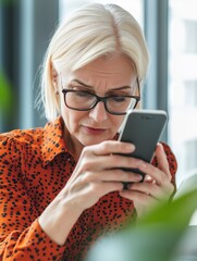 An elderly woman with glasses looks intently at her smartphone. Vision problems, myopia, glaucoma
