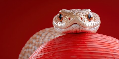 Fototapeta premium A detailed snake sculpture poised on a shiny red lantern conveys the vibrancy and mystique of Chinese New Year with striking presence.