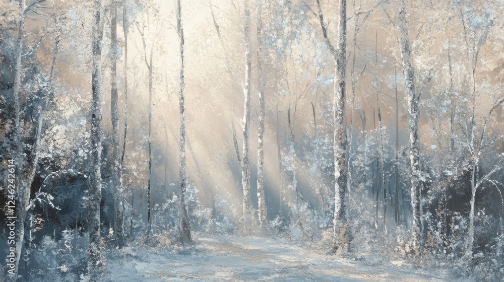 Poster enchanting forest with sunlight filtering through trees in winter scene