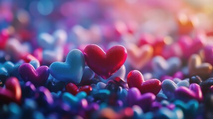 Colorful heart-shaped decorations create a festive atmosphere for Valentine's Day celebrations or romantic occasions