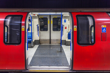 Open Doors of a London Underground Train. Iconic Red Tube Carriage
