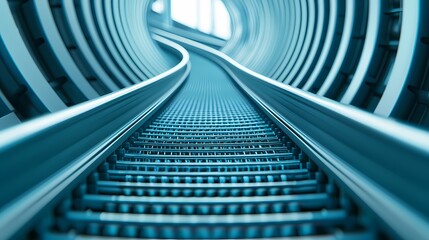 A mesmerizing view of a spiraling escalator, showcasing a sleek, modern design with a captivating curve and a futuristic aesthetic.