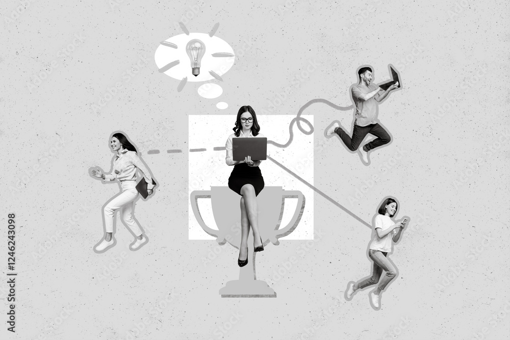 Poster Collage 3d image of pinup pop sketch of busy diversity workers working modern devices one common aim isolated painting background