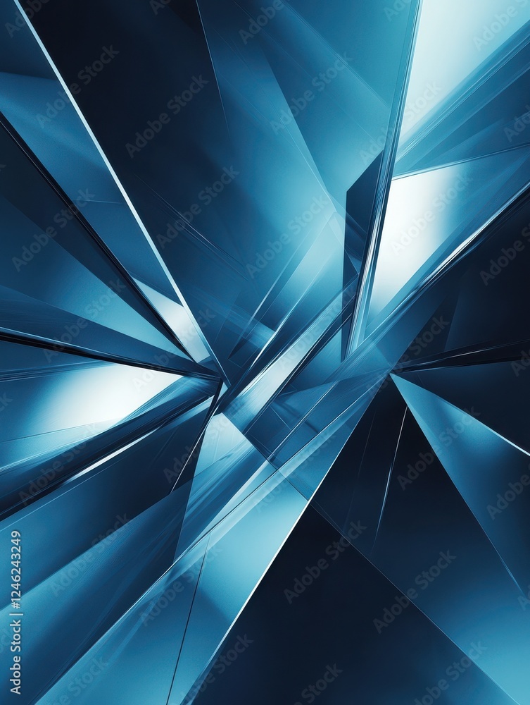 Poster minimalist blue tech background with angular shapes and soft light accents, creating a sleek, futuri
