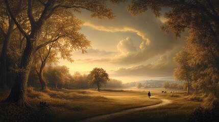 Obraz premium A peaceful meadow with a golden sunset with a lone figure walking down a grassy path, framed by golden light and silhouetted trees. The dramatic sky and tranquil scenery evoke serenity and reflection.