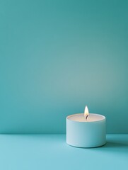 Sky Blue background with white thin wax candle with a small lit flame for funeral grief death dead sad emotion with copy space texture for display products