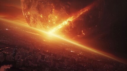 Dramatic cosmic event with a fiery planet colliding with Earth, cityscape illuminated below