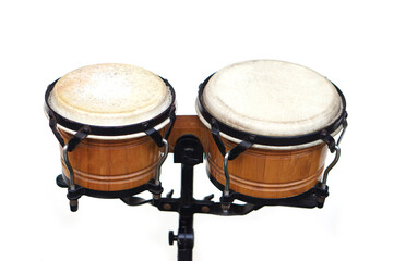 Bongo drums isolated on white background. Concept, musical instrument for rhythm of music to make...