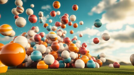 Obraz premium 3d render illustration for advertising. Falling pink balls on a blue background.