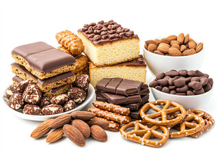 An assortment of delicious chocolate treats, nuts, and cookies arranged for a mouthwatering dessert experience.