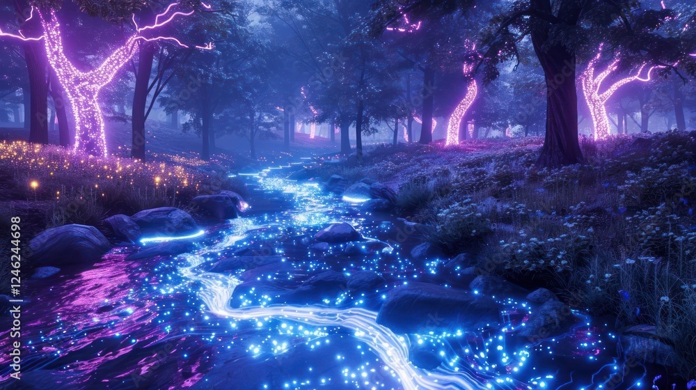 Aufkleber enchanted forest with glowing trees and a shimmering stream under a mystical twilight sky