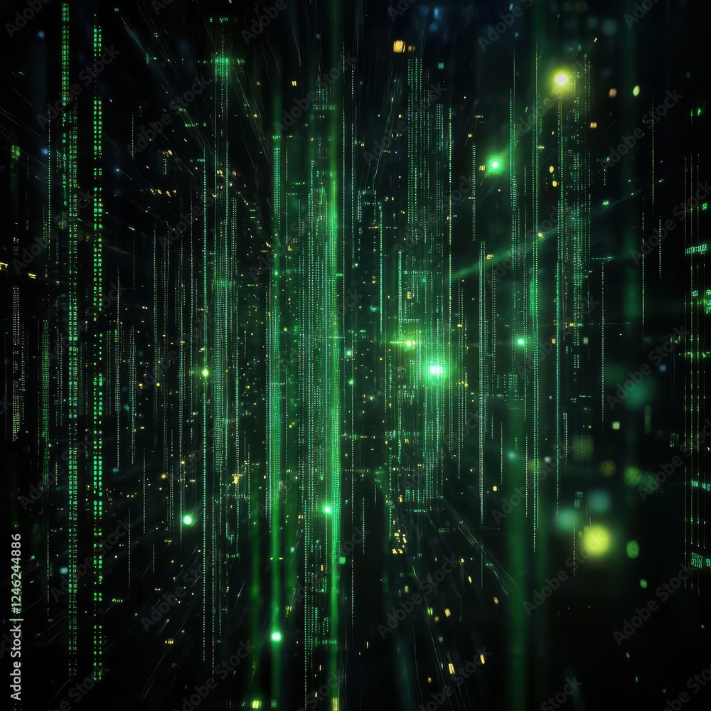 Poster digital matrix-inspired background featuring cascading green code on a black backdrop, with glowing 