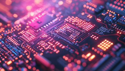 Obraz premium Abstract close-up of a vibrant illuminated circuit board, showcasing intricate technological detail and glowing connections. Ideal for technology, electronics, and innovation concepts.