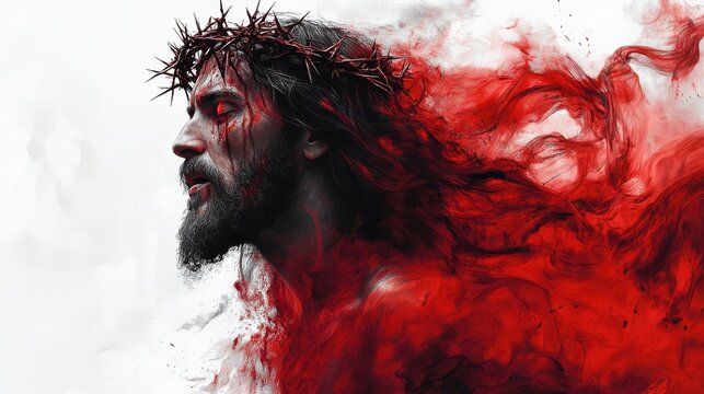 jesus christ with crown of thorns and flames digital watercolor painting