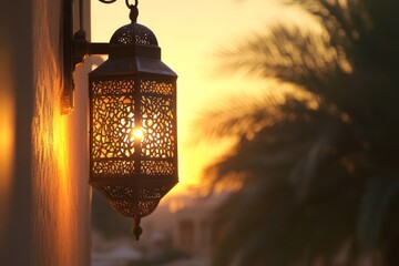 Sunset illuminates ornate lantern on wall, palm trees blurred background