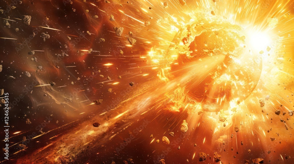 Poster explosive celestial event with debris and bright light in a cosmic background