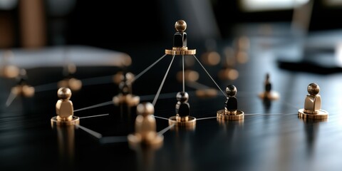 Wooden figurines connected by lines form an organization hierarchy on a sleek surface, representing structure, balance, and teamwork.