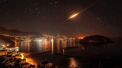 Nighttime coastal cityscape with a shooting star, illuminated buildings, and tranquil water reflections
