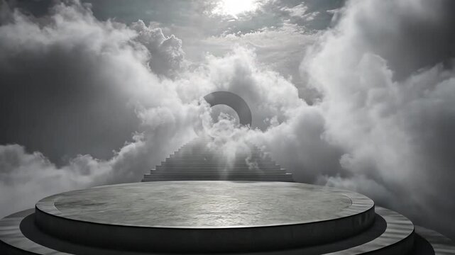 A serene staircase rises through fluffy clouds under a bright sky, suggesting ethereal elevation footage