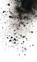 Obraz premium Black powder explosion, particles scattering on white background, ideal for dramatic effect