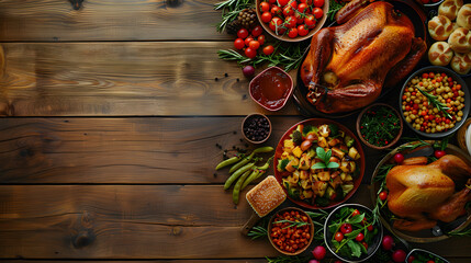 Naklejka premium Top view background of cozy dinner table set for Thanksgiving with delicious roasted turkey and comfort food, copy space