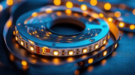 Close-up of illuminated LED strip light roll.