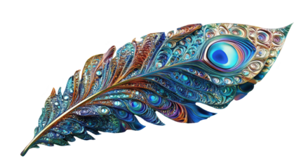 Exotic peacock feather, ornate, detailed design, vibrant colors, isolated, intricate patterns, whimsical, elegant, fantasy, beauty, art, nature, magic