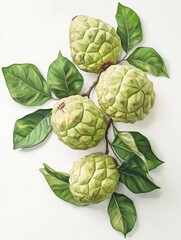 Fototapeta premium White background with vibrant Cherimoya fruit and green leaves