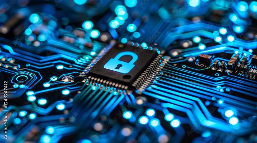 Poster exploring the intricacies of ai security through a close-up of a circuit board with a lock symbol