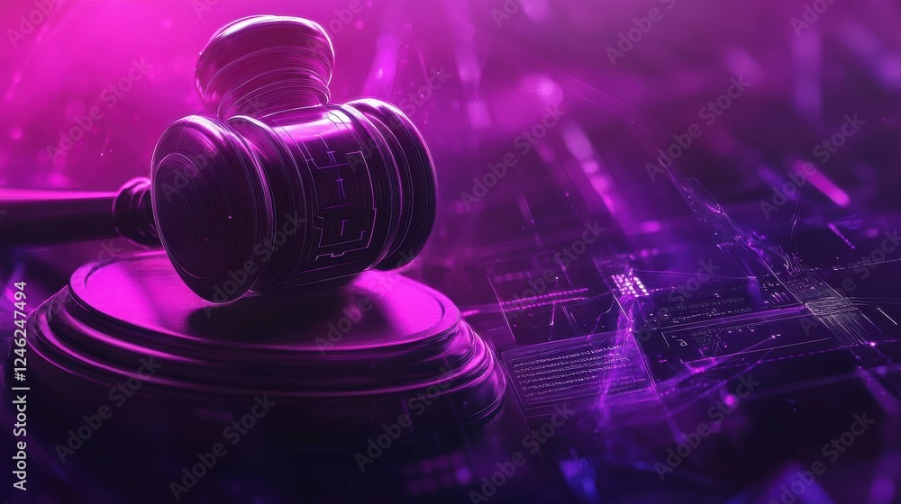 Poster abstract tech background with a judge gavel, blending justice with advanced technology.