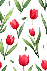 Obraz premium Watercolor seamless pattern of cute minimalistic tulips. Red and green colors isolated on white backdrop