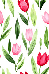 Obraz premium Watercolor seamless pattern of cute minimalistic tulips. Red and green colors isolated on white backdrop