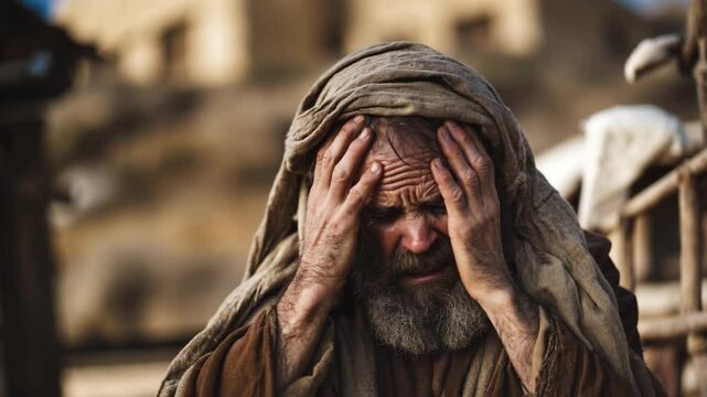Apostle Peter weeps bitterly, having denied Christ. Biblical times. Man shows Emotions of grief, loss, regret. For Christian church publications